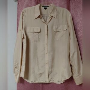 Women's Ralph Lauren Tan Silk Button-Down Blouse W/Roll Tab Sleeves